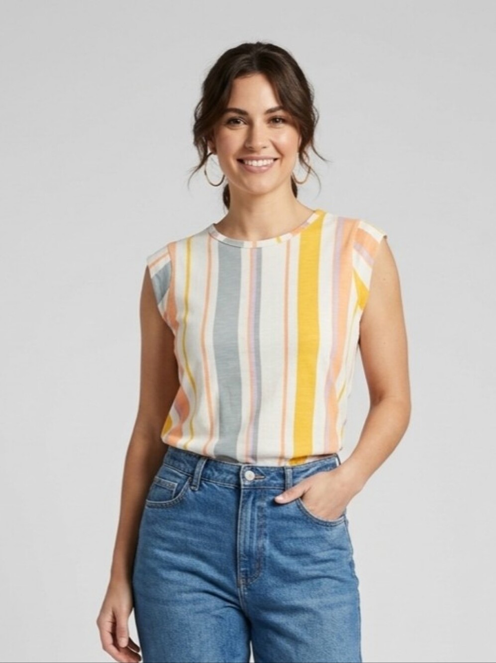 Ella Moss Vertical Stripe Sleeveless Top in Yellow, Cream & Blue